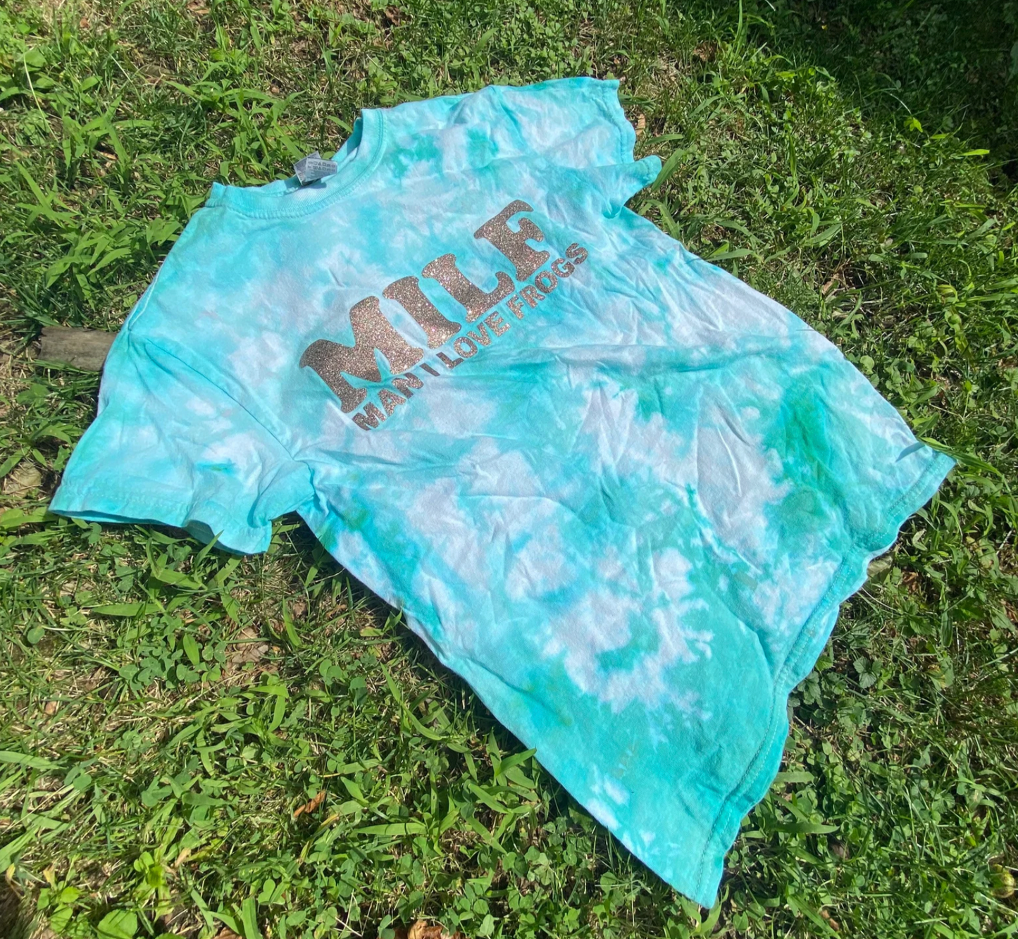 Handmade funny MILF frog shirt | UNISEX ADULT SMALL| teal tie dye shirt | glittery vinyl | funny gift shirt